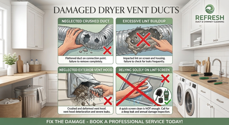 Damaged dryer vent duct with a visible tear and crushed section